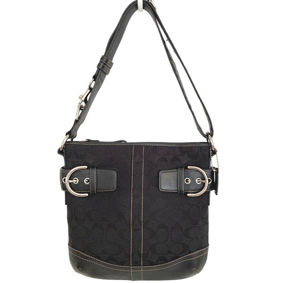 Coach Handbags - Vintage Coach Black Monogram Canvas Soho Duffle Shoulder Bag Silver Buckles